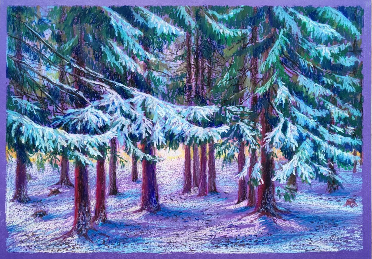 Зимний лес — пастель