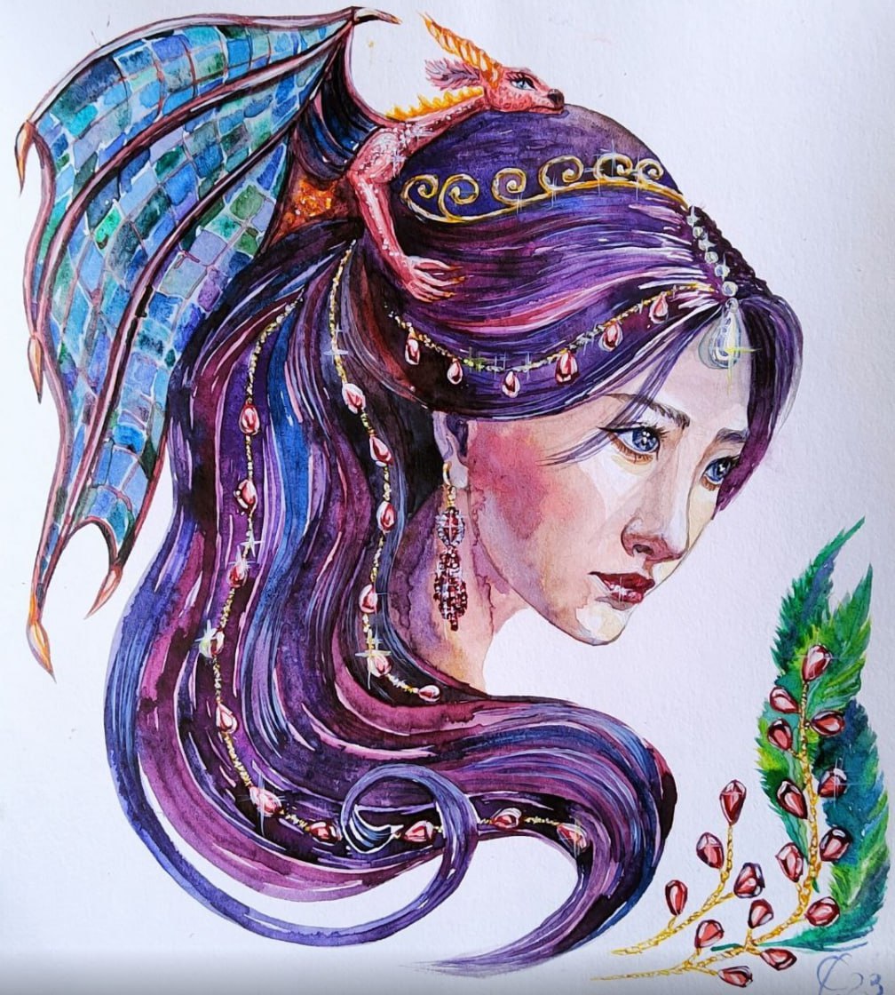 Девушка с драконом — акварель